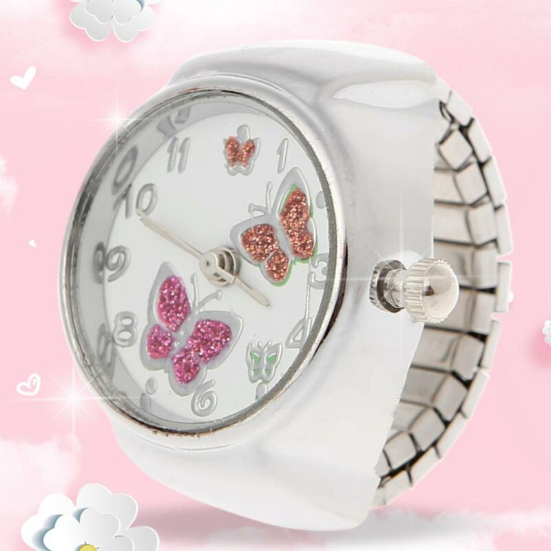 Feminino dial quartzo analógico dedo anel relógio borboleta elástico presente criativo aço