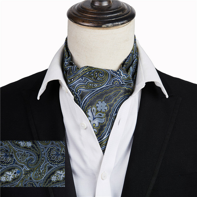 Ikepeibao Men Luxury Blue Paisley Checked Cravat Silk Floral Dots Ascot Self British Gentleman sciarpa in poliestere cravatta all'ingrosso