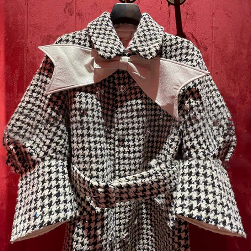 Женское шерстяное пальто средней длины, элегантное шерстяное пальто в стиле «гусиные лапки» с большим бантом и элегантной талией, во французском стиле, зима 2022