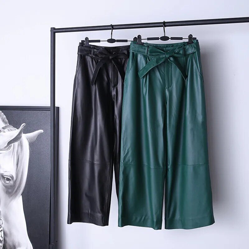 2022 Factory New Arrival Women  Fashion Genuine Leather Pants With Bow,High Wasit Loose Leather Pants