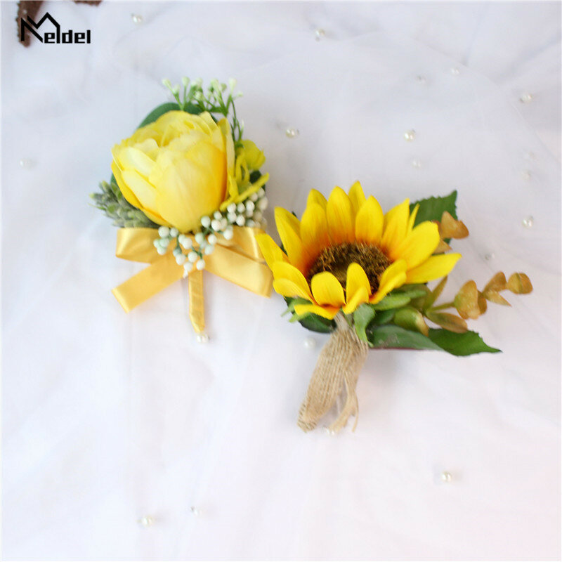 Meldel corsage pulseira damas de honra flor artificial amarelo casamento noivo boutonniere flor de seda broche casamento corsge