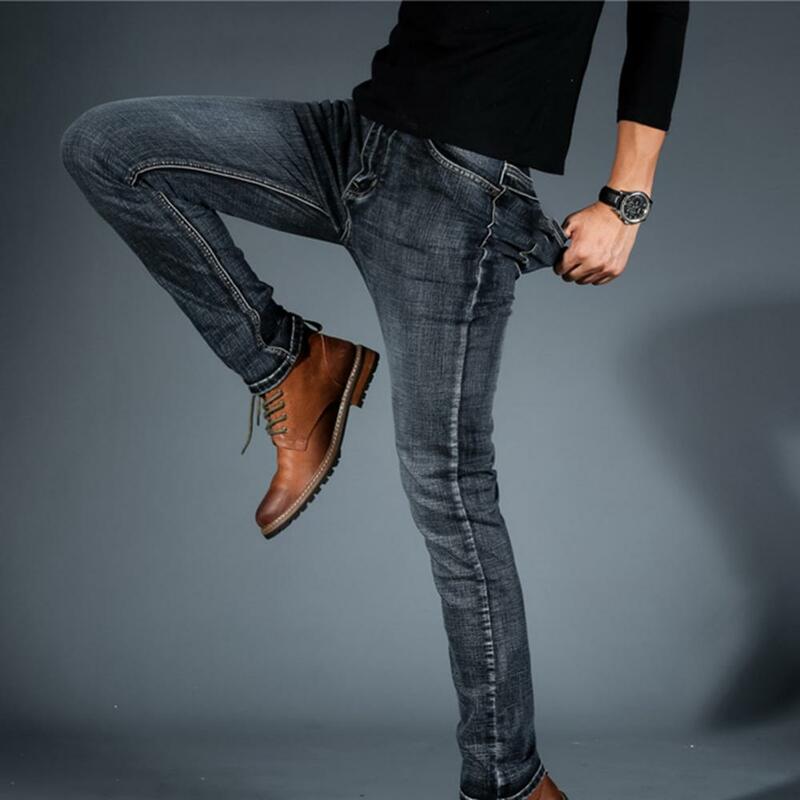 Spodnie Stretch długie dżinsy Mid Rise jeansy męskie moda męska dopasowane jeansy rurki Plus Size europejska spodnie dżinsowe męska
