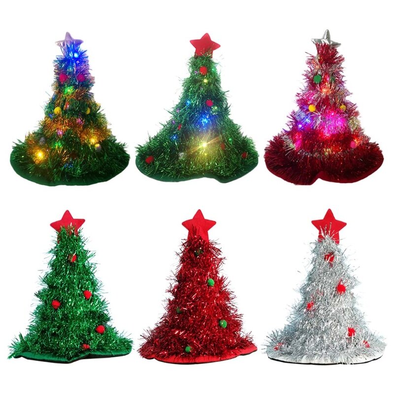 Piscando árvore de natal chapéu led luz crianças chuva chapéus de seda festa em casa festival traje adereços crianças brilhante enfeites santa hat