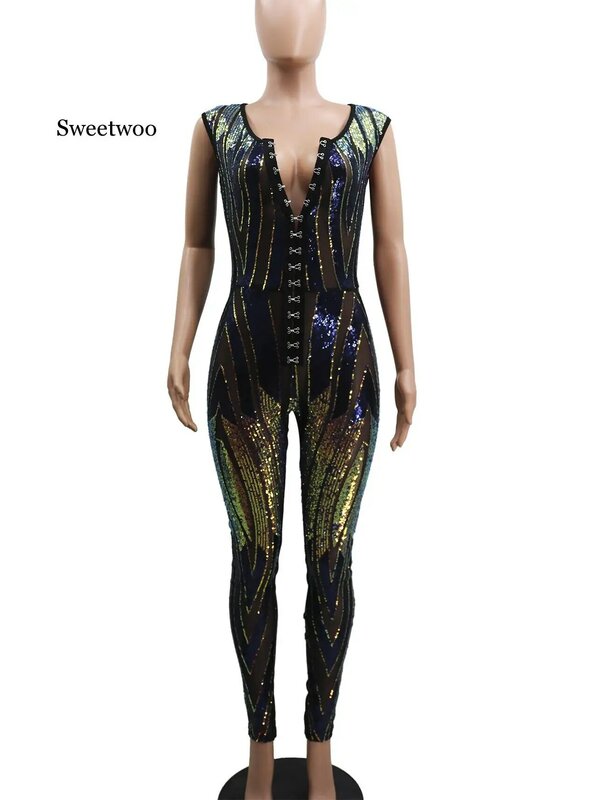 เซ็กซี่ Bodysuit PLUS ขนาดตำแหน่งเลื่อม Jumpsuit Elastic V คอ Jumpsuits สำหรับผู้หญิง 2020 ผู้หญิง Streetwear Overalls
