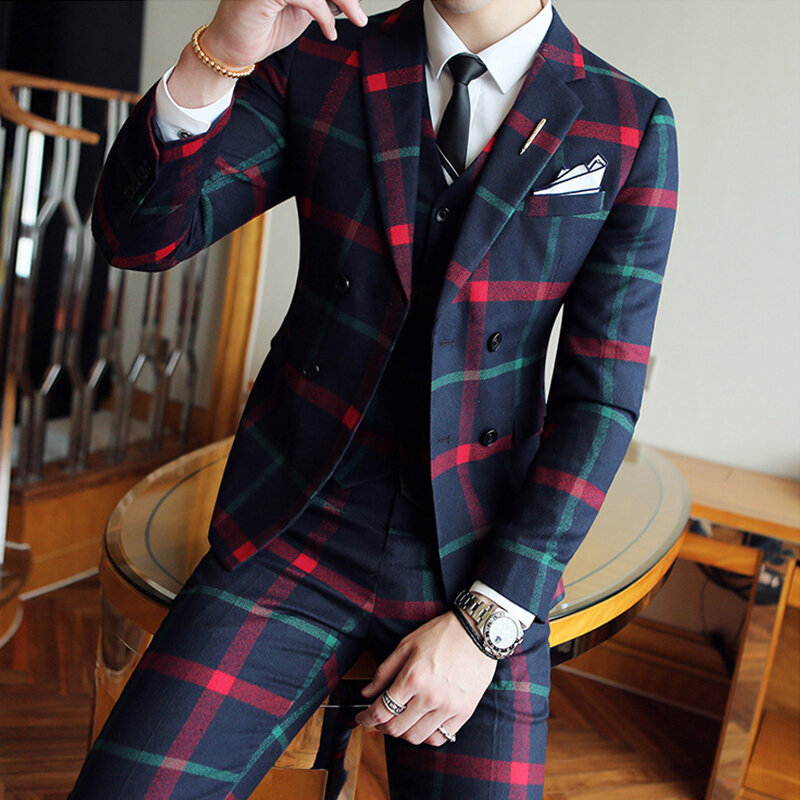 Jaket + Celana + Rompi 2020 Fashion Check untuk Pria Kasual Pernikahan Fashion Pria Double-Breasted Slim Blazer pria Perjamuan Prom Set 3 Pcs