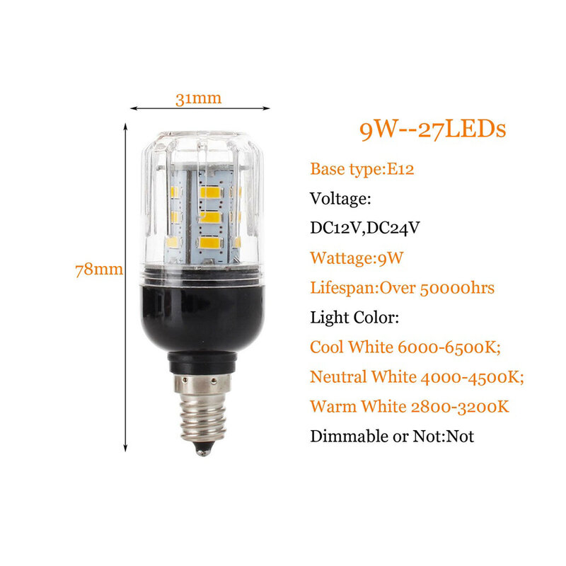 Dc 12V/24V E27 E26 E12 E14 Led Maïs Gloeilampen 9W 27Leds Elektrische Lampen Tafellamp Schijnwerpers Voor Thuis Binnenverlichting