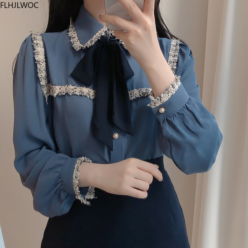 귀여운 나비 넥타이 한국 디자인 버튼 우아한 정장 화이트 셔츠 블라우스 여성용, 프레피 스타일 빈티지 일본 스타일 2020 가을