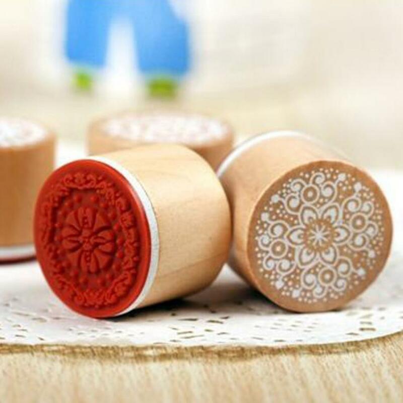 6Pcs Useful DIY Mini Round Wooden Stamp Floral Pattern Stamp Reusable  Easy Carry