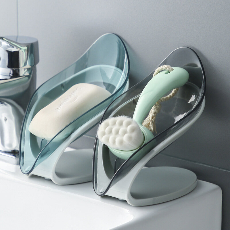 Kotak sabun cuci piring, cangkir hisap untuk kamar mandi dengan saluran bentuk daun portabel rak sabun cuci Toilet baki untuk baskom