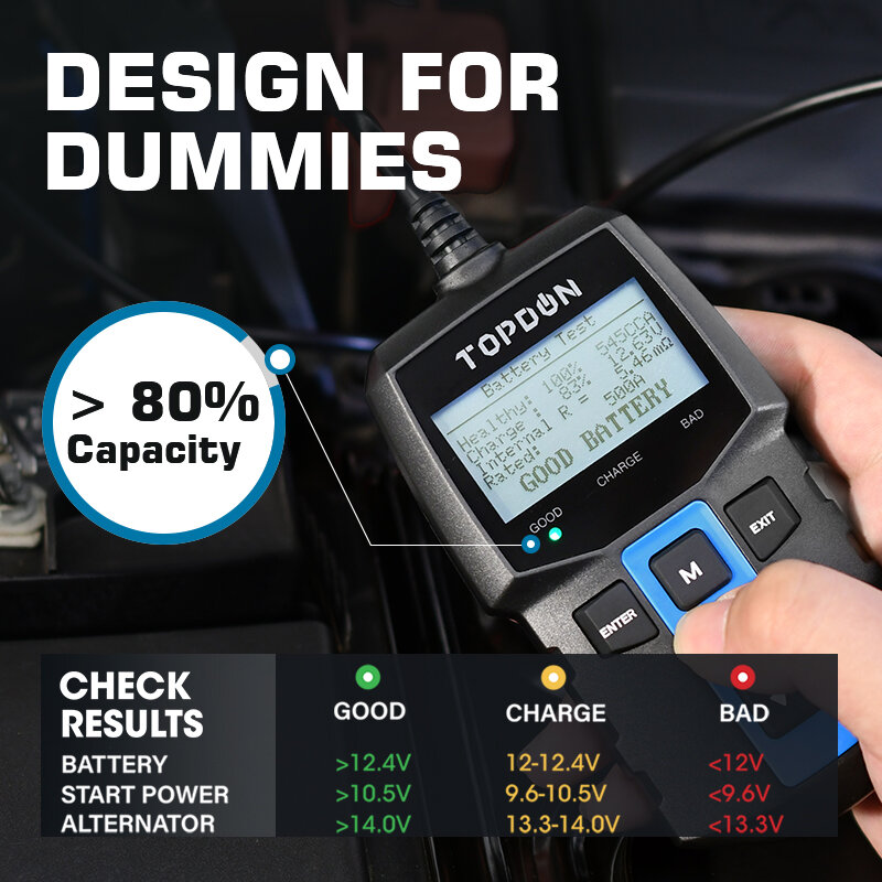 TOPDON-Testeur de batterie de voiture numérique, outil de diagnostic automobile, analyseur de batterie, démarrage de véhicule, EAU de charge, BT100, 12V