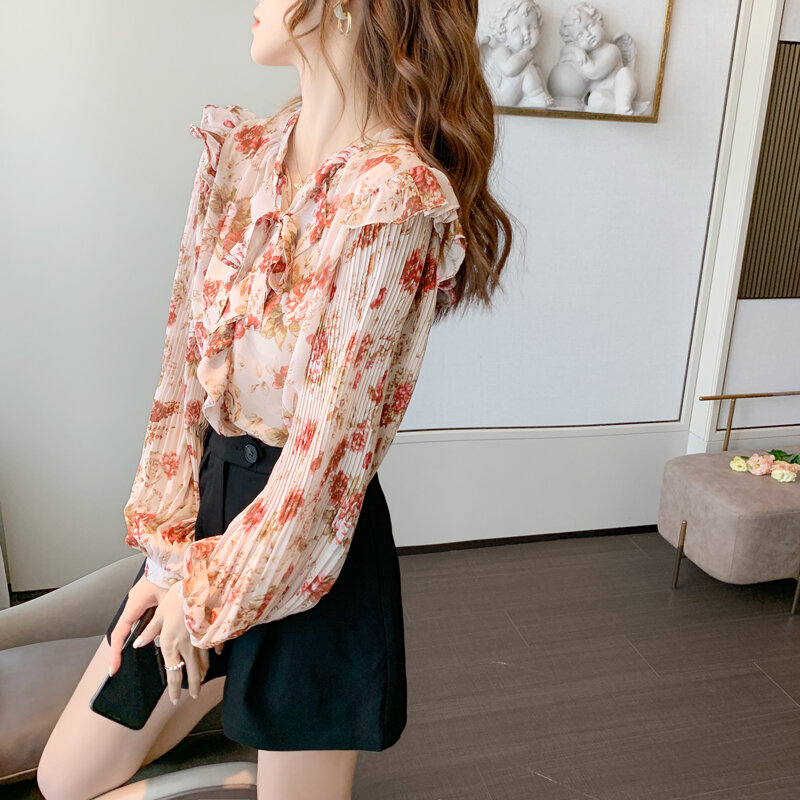 Женская шифоновая рубашка, топ с оборками, V-образным вырезом, длинным рукавом и цветочным принтом, блузка, топ с рукавами-фонариками, осень 2020