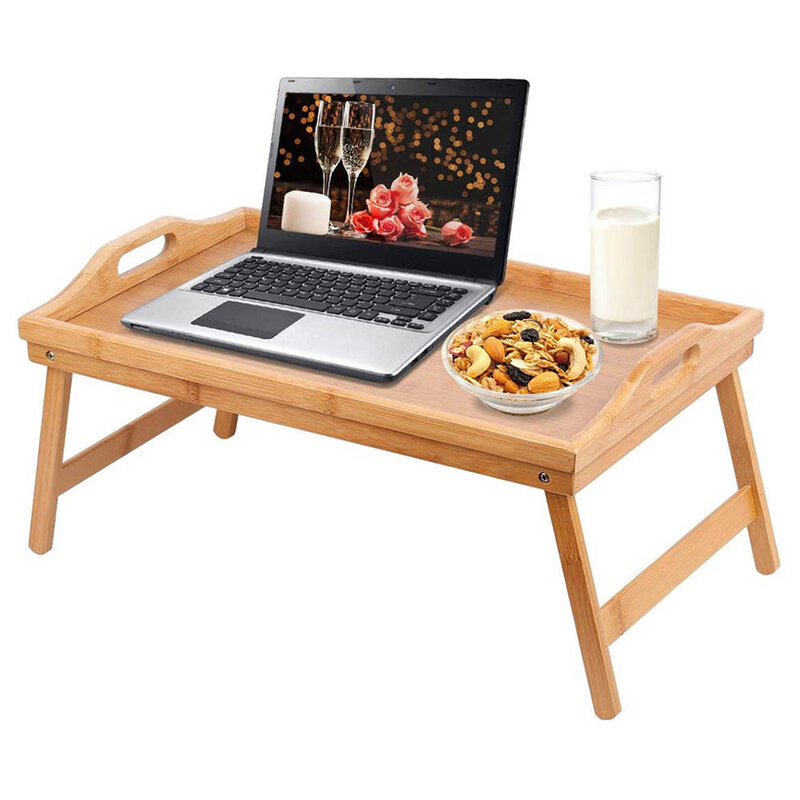 Bureau d'ordinateur portable pliant portable, bois de bambou, table de service de thé et de nourriture, jambe pliante, bureau d'ordinateur portable sur le lit