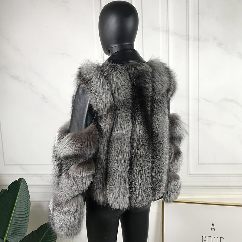 Jaqueta de pele natural real prata casaco de pele de raposa gola de pele de carneiro inverno quente grosso overvoat mulheres outwear alta qualidade