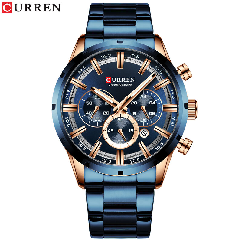 Curren męski zegarek niebieska tarcza pasek ze stali nierdzewnej data męskie biznesowe męskie zegarki wodoodporne luksusowe męskie zegarki na rękę dla mężczyzn