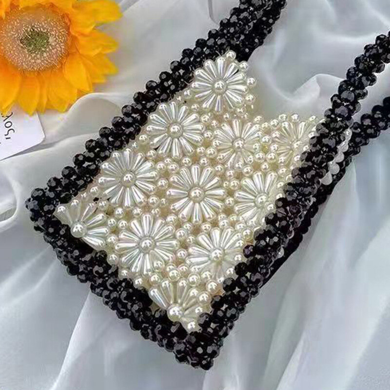 Bolso transparente portátil de crisantemo para mujer, bolsa transparente con borde negro, Perla blanca trenzada, flor de verano, monedero Acrílico