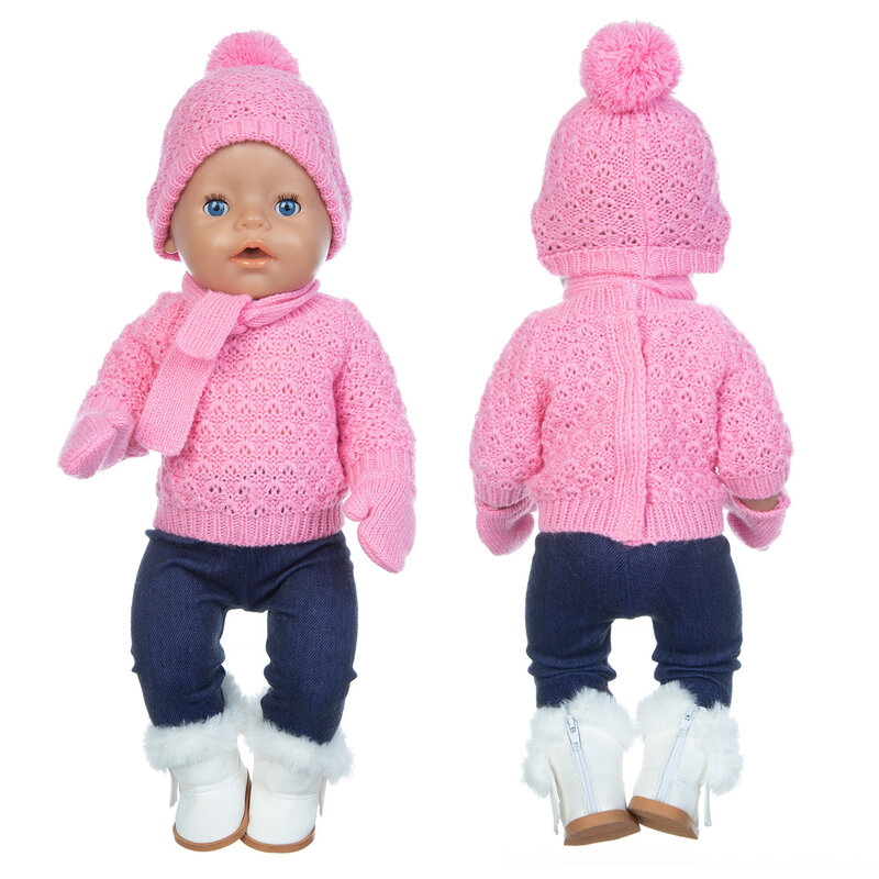 1Set Setelan Sweter + Topi + Syal + Sarung Tangan Cocok untuk 17 Inci 43Cm Baju Boneka Bayi Baru Lahir