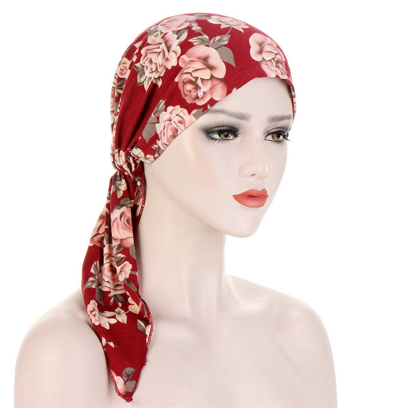 Muslim Women Hijab Pre-Tied Flower Printed Long Tail  Hair Loss Head Scarf Head Wrap Stretch Turban Cancer Cover Hat Chemo Caps
