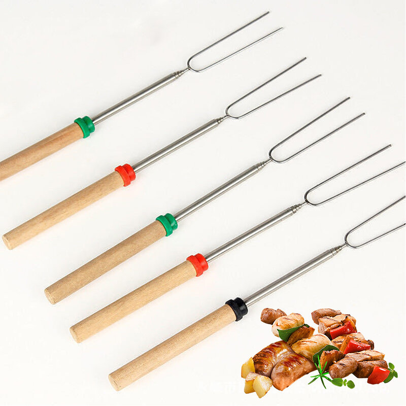 Палочки для запекания с деревянной ручкой, выдвижные вилки 32 дюйма, телескопические шампуры для костра, ямы для огня и колбасы, барбекю