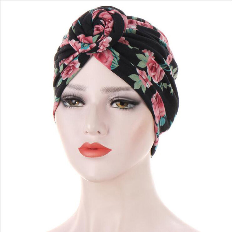 Turbante con estampado de flores para mujer, gorro anudado, Hijab musulmán, islámico, 2024