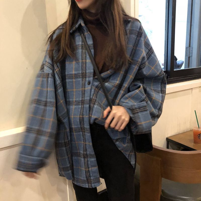 Vrouwen Blouses Turn-Down Kraag Lente Shirts Plaid Alle-Match Bf Batwing Mouwen Losse Uitloper Vrouwelijke Chic nieuwe Lange Mouw Jasje