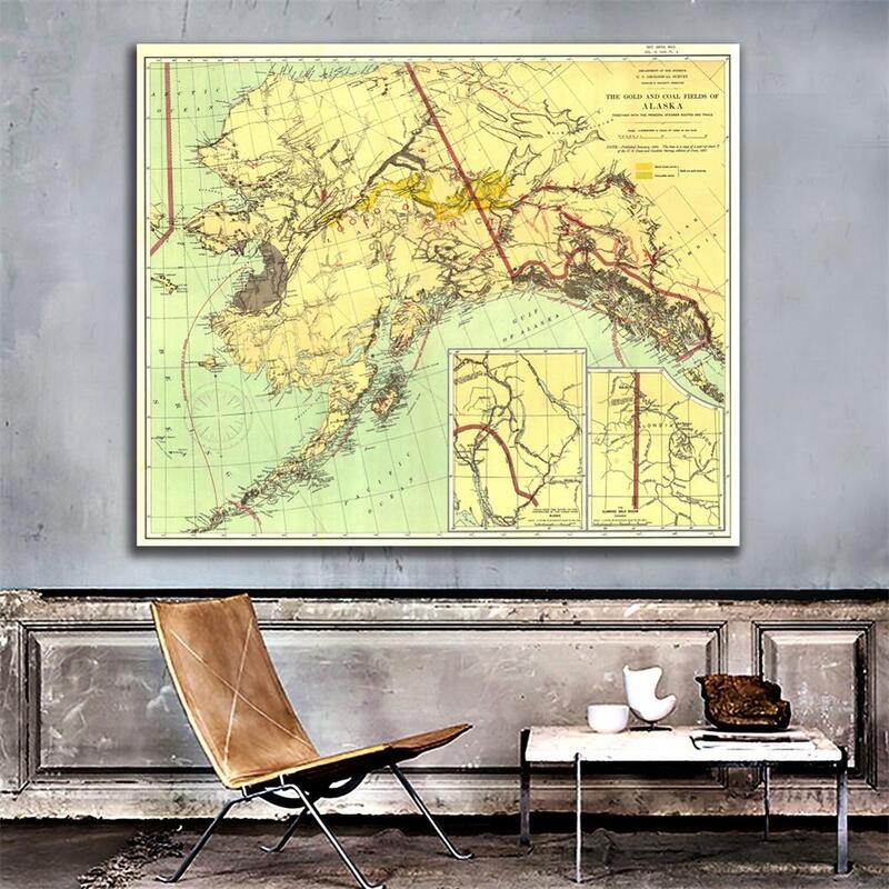 60x60 zoll HD Nicht-woven Wasserdicht Karte Die Gold Und Kohle Bereichen von Alaska in 1898 Edition für Wohnzimmer Büro Wand Dekor