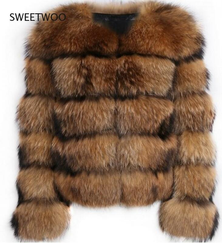 Winter Gefälschte Waschbären Pelz Jacke Frauen Fluffy Faux Pelzmantel Braun Dicke Warme Oberbekleidung Mode Mantel 2021