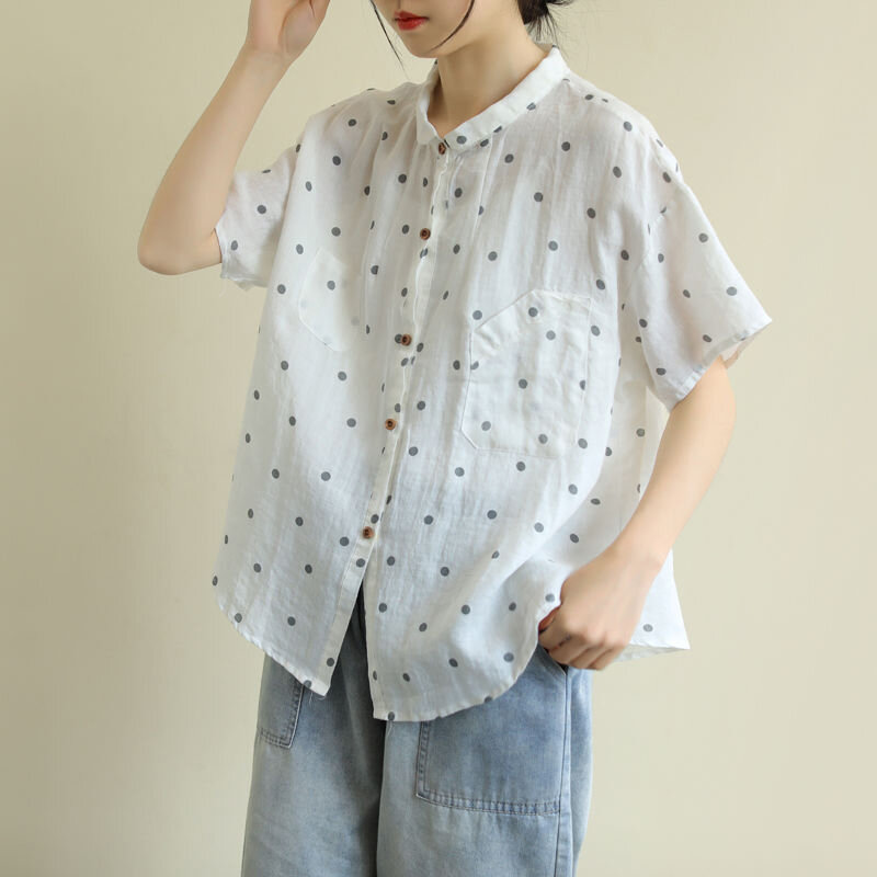 Рубашка женская с коротким рукавом, свободная универсальная Повседневная винтажная блузка в горошек, с отложным воротником, S891, лето 2020