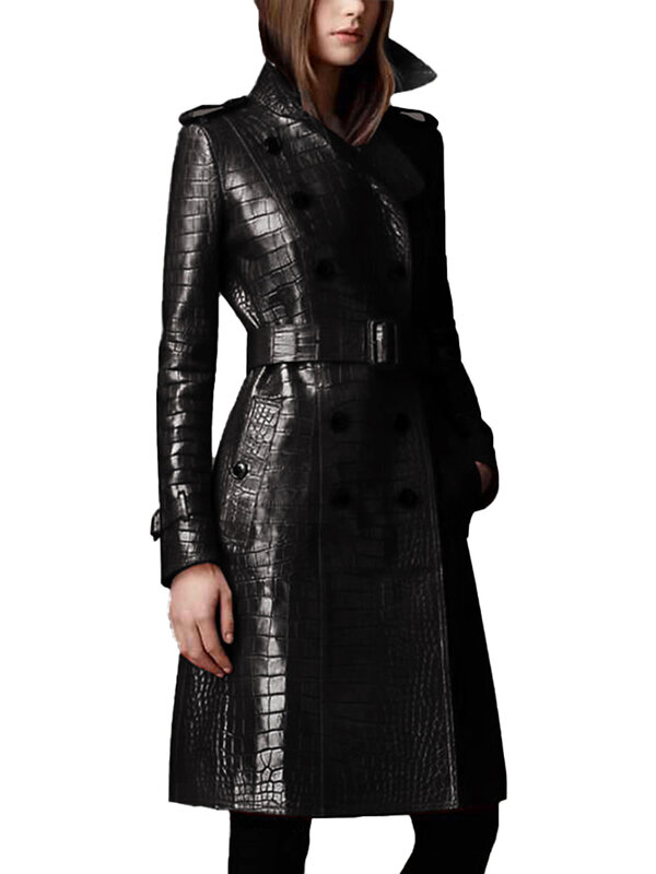 Lautaro-gabardina larga de piel sintética para mujer, abrigo con patrón de cocodrilo negro, cinturón de doble botonadura, estilo británico elegante, moda de otoño