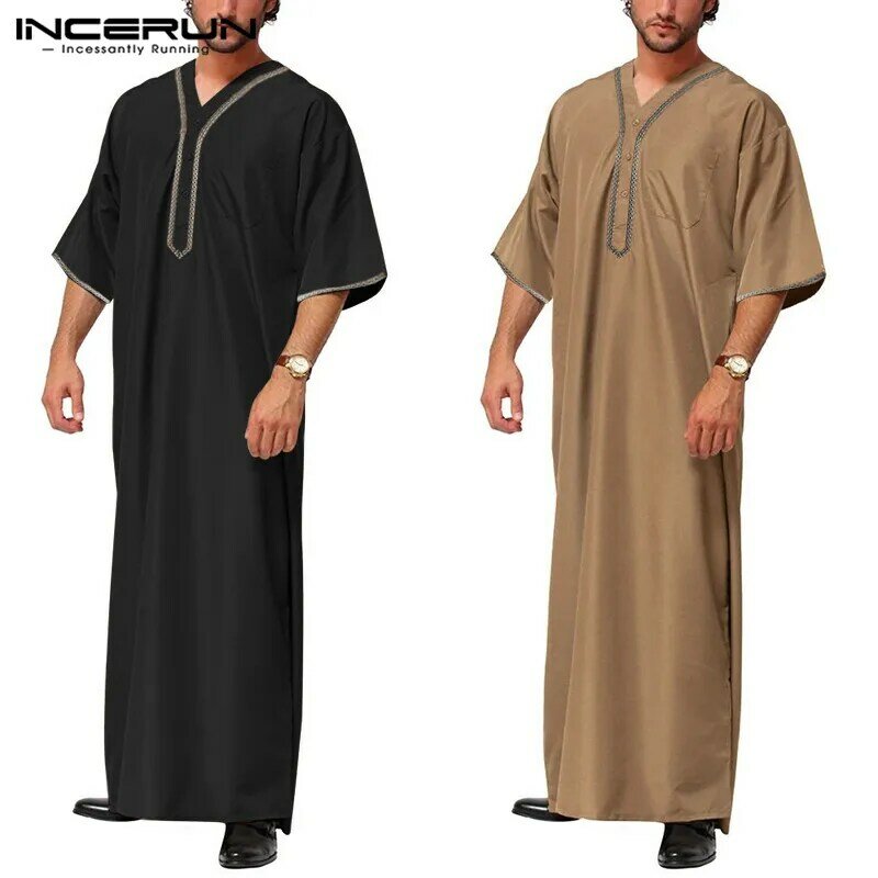 INCERUN-Vintage muçulmano Kaftan vestes para homens, v-Neck impresso Jubba Thobe, patchwork sólido, roupas árabes, meia manga, lazer, plus size 7