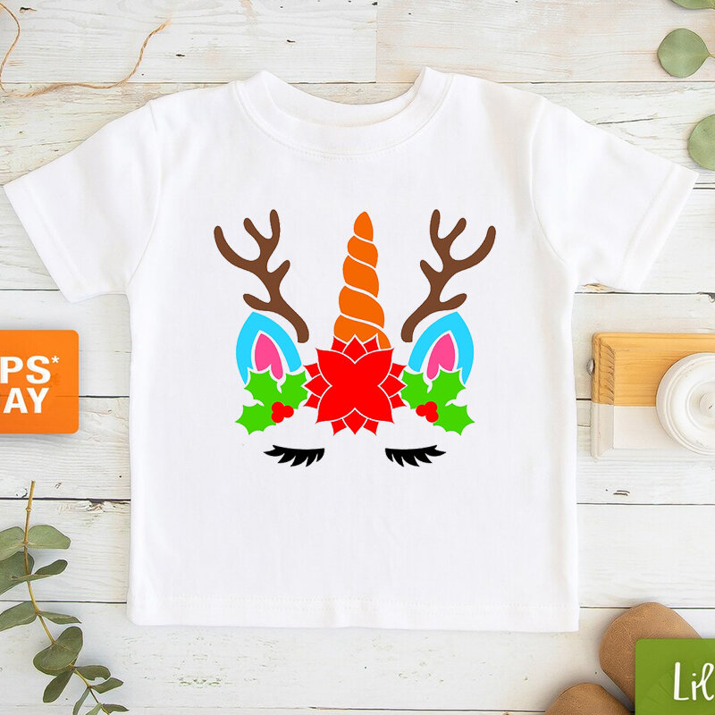 Camiseta de Feliz Navidad para niños y niñas, camiseta Kawaii de cuernos con cara de unicornio, ropa para niños, camisetas de manga corta de los años 90, 2022