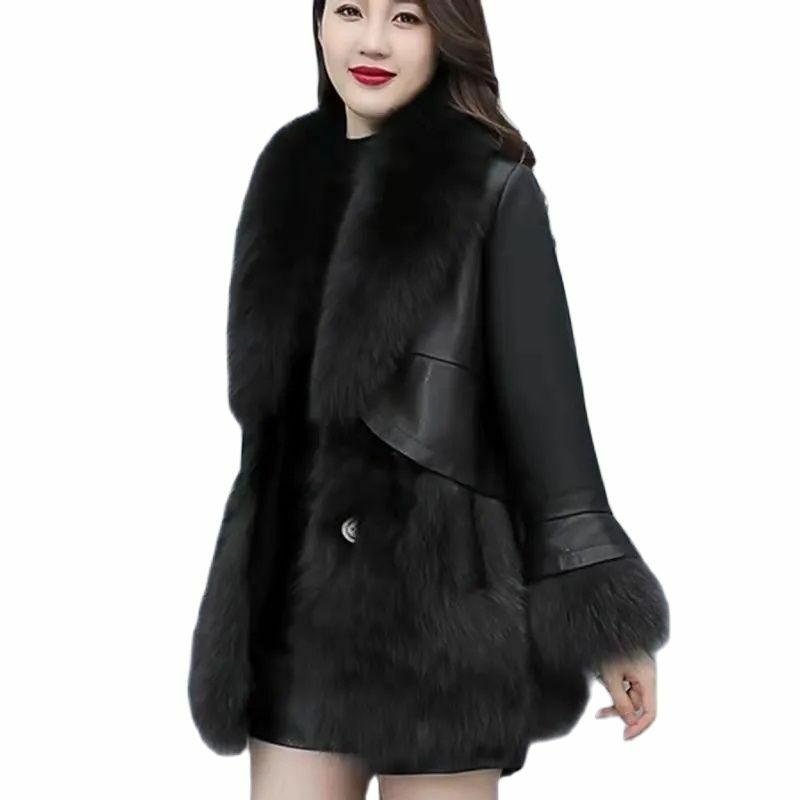 Женская куртка средней длины, облегающее пальто из искусственной кожи с большим меховым воротником, зима 2024