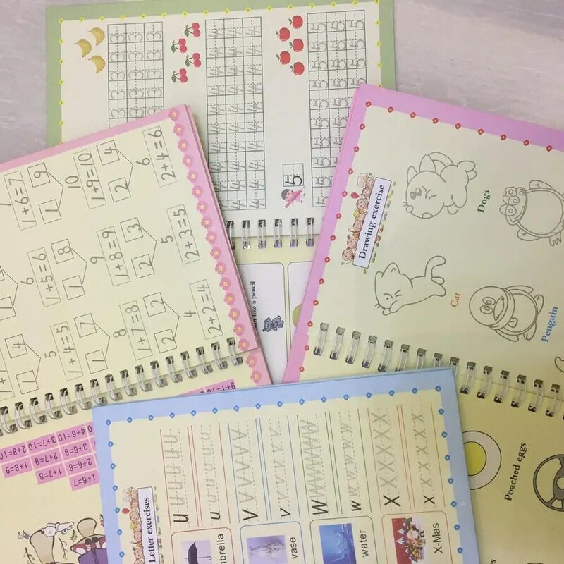 Livre de pratique magique pour enfants, 4 livres + stylo, écriture, autocollant, cahier anglais pour calligraphie, jouets Montessori