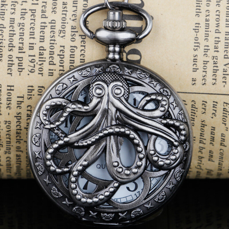 Retro Octopus Hollow Cover Quartz Movement Pocket Watch Bronze Necklace Pendant Handmade Clock Souvenir Gifts for Men Women