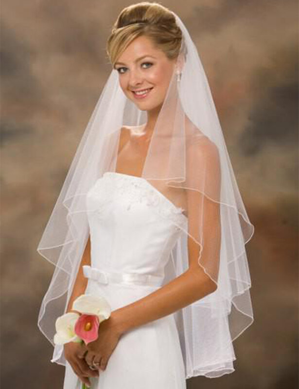 Velo de novia con borde de cinta de dos capas, accesorios de boda, blanco marfil, peine, novedad