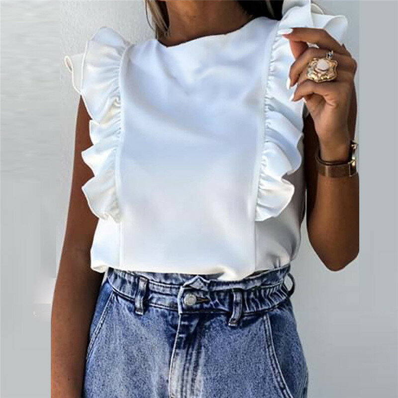 Blusa plisada informal con manga larga y botones para verano, camisa elegante con volantes y cuello redondo para mujer, talla 2Xl, 2021
