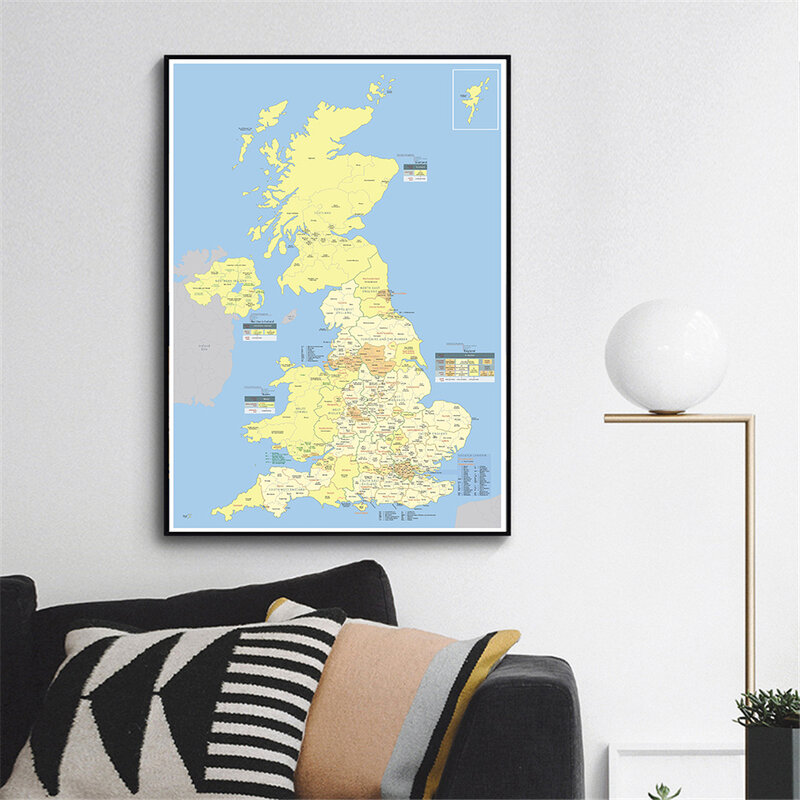영국 세부 지역 지도 벽 아트 포스터 캔버스 그림, 거실 홈 장식, 여행 학교 용품, 59x84cm