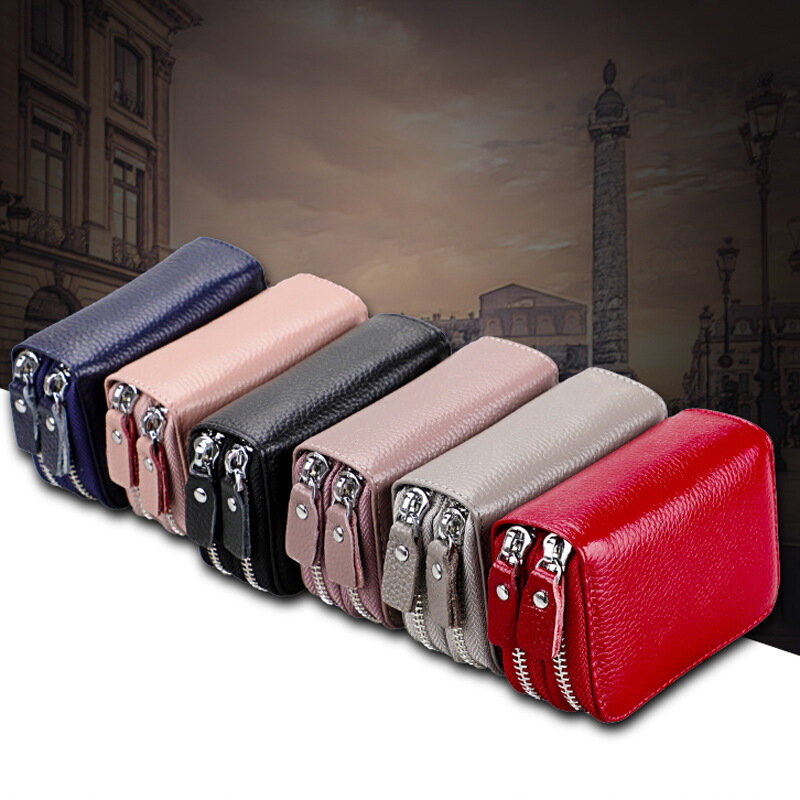 Cartera de cuero genuino Rfid con cremallera para mujer, monedero pequeño para Cambio, carteras cortas femeninas con tarjeteros, monedero para mujer