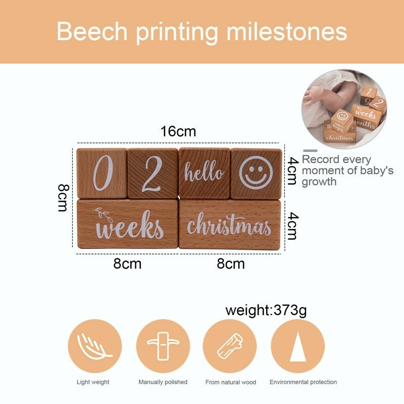 1Set Baby Month Milestone Card Beech Wooden Blocks Square Engraved Stacking Toys Newborn Birth Month Birthday Photography Props