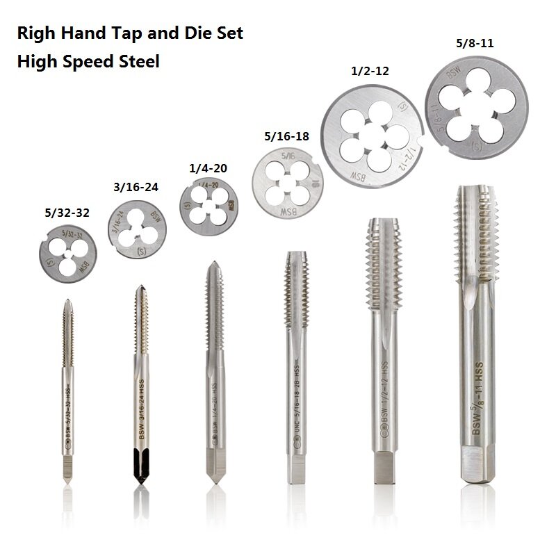 XCAN 2pcs Tap and Die Set Screw Thread Tap Drill HSS Right Hand Plug Tap Die BSW 5/32-32 3/16-24 5-16-18 1/4-20 1/2-12 5/8-11