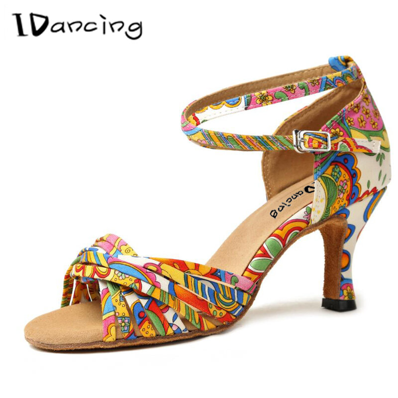Sepatu Dansa Latin Sepatu Dansa Bunga Sepatu Persegi Salsa Hak Tengah Sepatu Tali Silang Syal Da Ball-donna Jesedanc