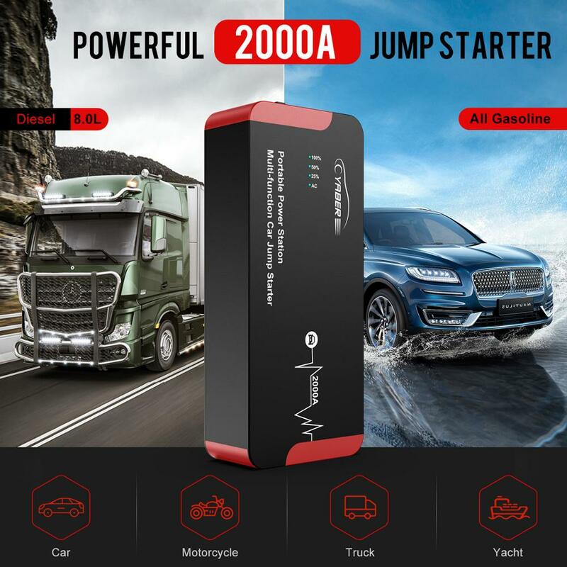 2020 carro saltar arranque 2000a emergência 12 v jumpstarter partida dispositivo banco de potência da bateria auto impulsionador 22000 mah 100 w saída ac
