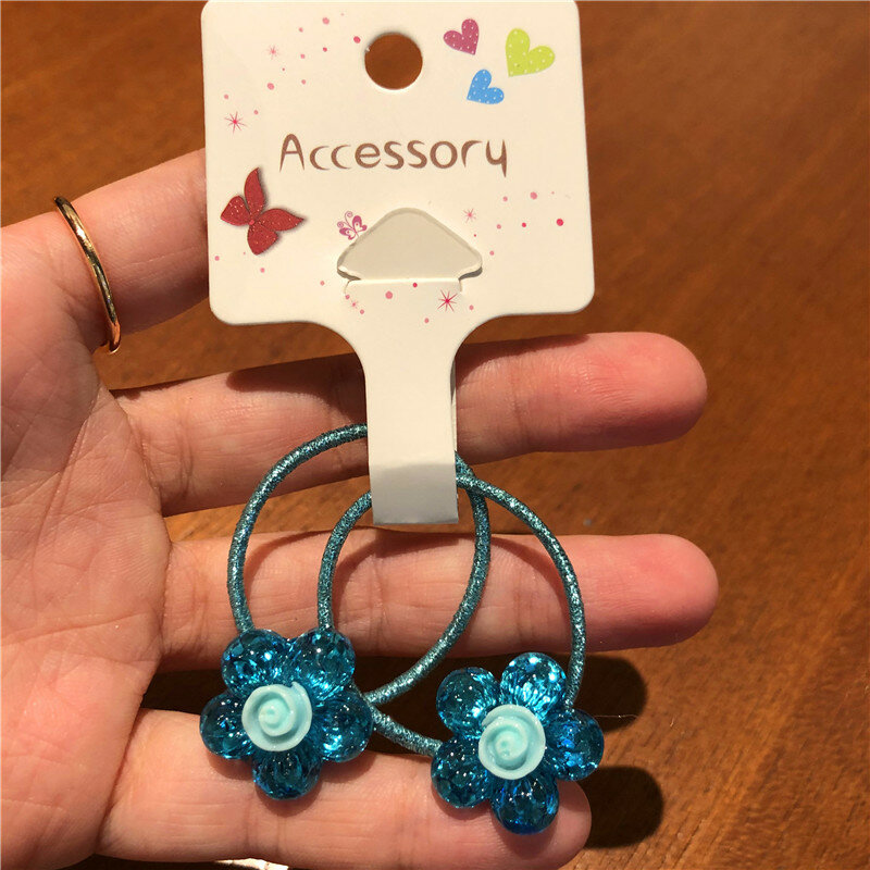 2pcs Shining Headdress Baby DIY Hair Accessories Flower Shape Resin Elastic Rubber Scrunchies For Girl Colorful Ponytail Decora