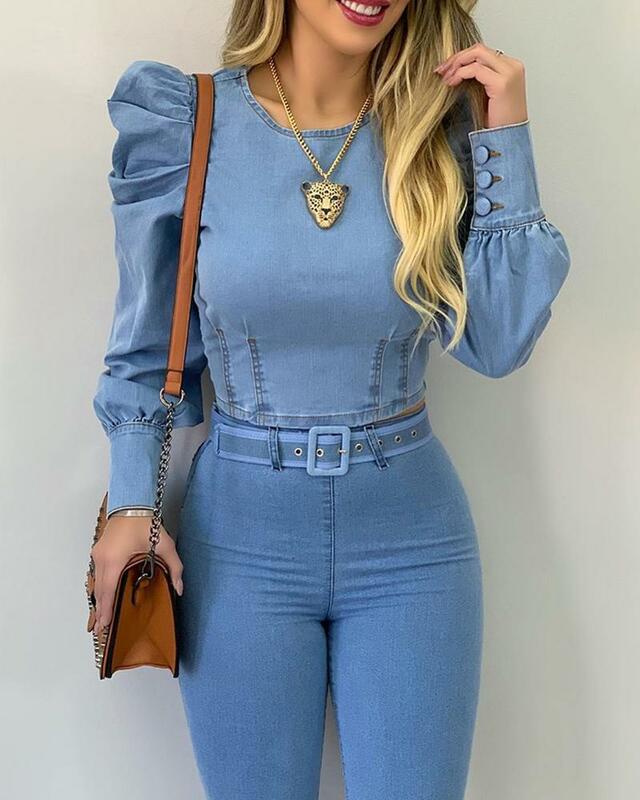 Women Round Neck Puff Sleeve Corset Top Long Sleeve Blue Denim Top Shirt Sweetheart Slim Fitted Sexy Tops and Blouses