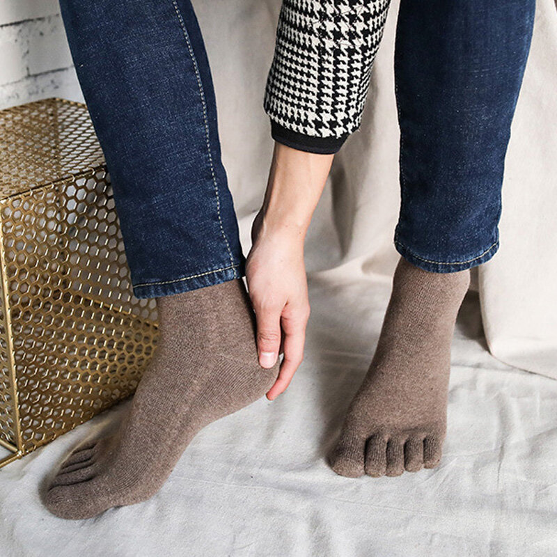 5 пар / лот, зимние мужские носки с пятью пальцами, короткие, шерстяные, в стиле Харадзюку, однотонные, для бизнеса, антибактериальные, дышащие, теплые носки с носками, брендовые