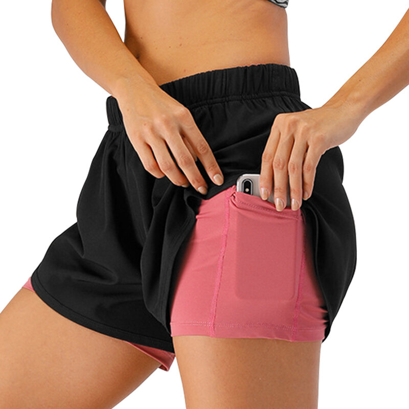 Pantalones cortos deportivos 2 en 1 para mujer, de secado rápido, para Yoga, Fitness, gimnasio, correr, con bolsillos, transpirables