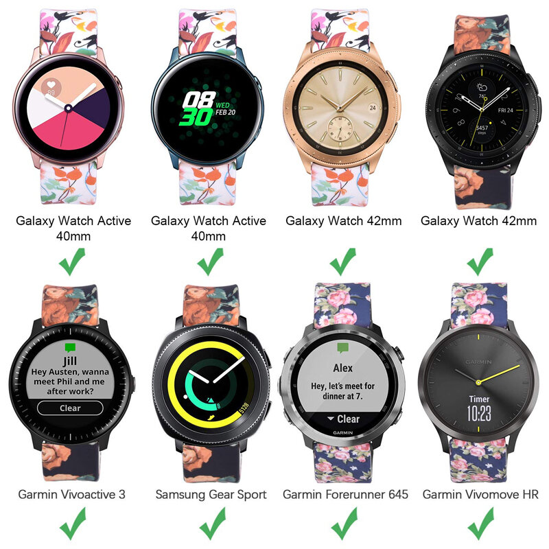 Correa de reloj de silicona con impresión de 20mm para Samsung Galaxy Watch Active 42mm Gear S2 Garmin Amazfit Correa de pulsera deportiva
