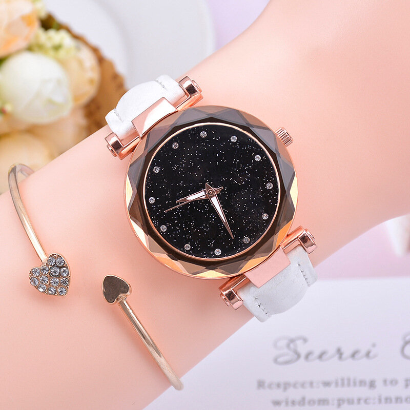 Relógio de pulso de mulheres casuais céu estrelado relógio de pulso romântico strass pulseira senhoras relógio de couro simples feminino relogio feminino