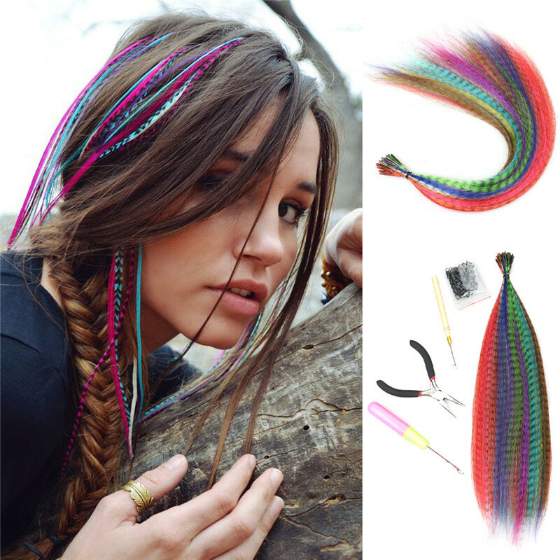 Fake Feather Hair Extension without Hair clips 10 Pieces Stands of Hair on Colorful false Kanekalon for Hair Extensions