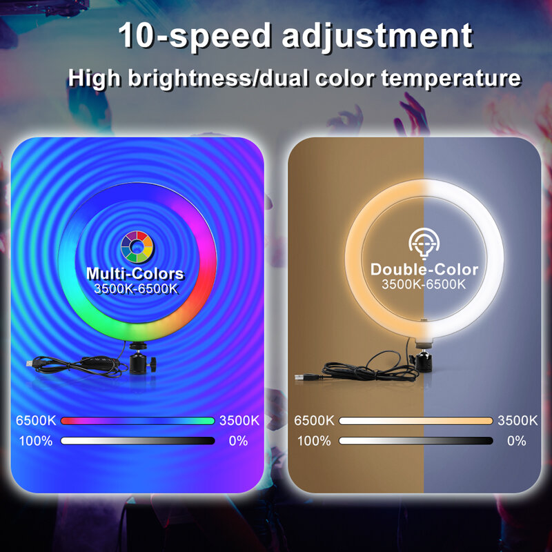 Yizhestudio-Anillo de luz RGB regulable de 10 "con clip para teléfono, luz de anillo con soporte/control remoto, enchufe USB para Youtube/transmisión en vivo