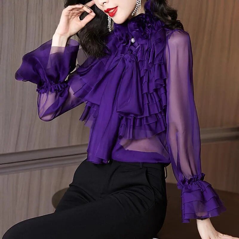 Strik Lange Mouwen Chiffon Shirt Vrouwen 2023 En Najaar Nieuwe Hoge Kwaliteit Mode Stijl Paars Satijn Hollow Top blouse